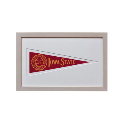 Framed vintage Iowa State pennant from 1950s in maroon and gold