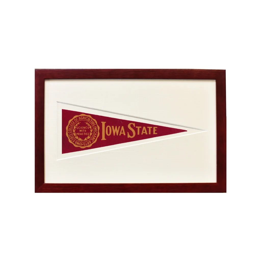 Vintage Iowa State pennant flag in maroon and gold, framed