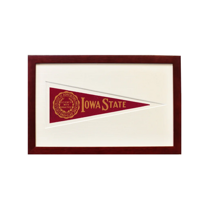 Vintage Iowa State pennant flag in maroon and gold, framed