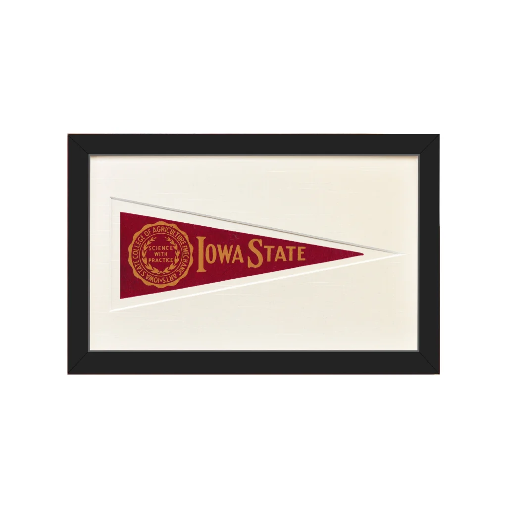 Framed vintage Iowa State pennant from 1950s in maroon and gold