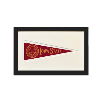 Framed vintage Iowa State pennant from 1950s in maroon and gold