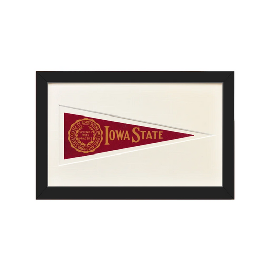 Framed vintage Iowa State pennant from 1950s in maroon and gold