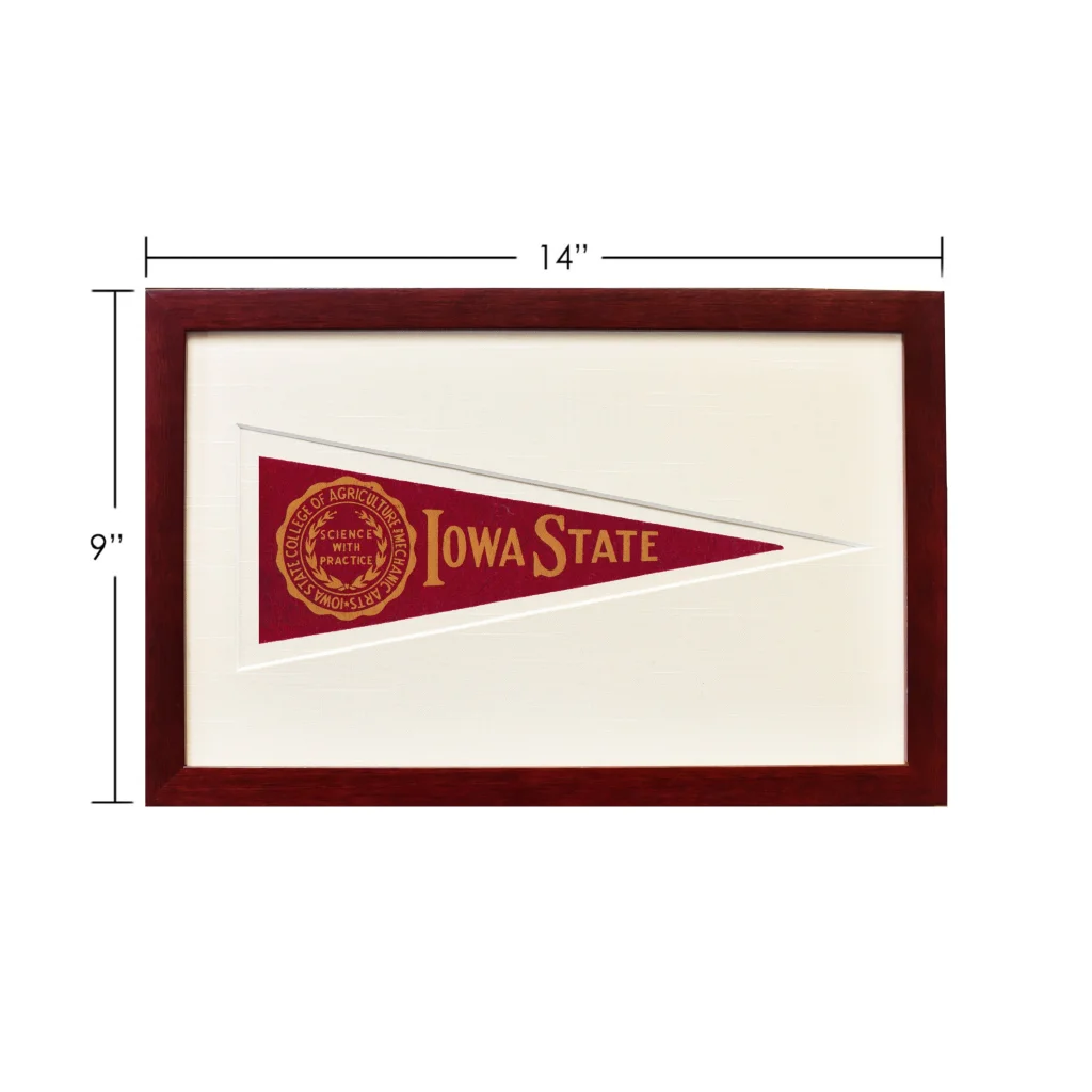 Vintage Iowa State pennant flag from 1950s, framed with maroon frame and gold lettering