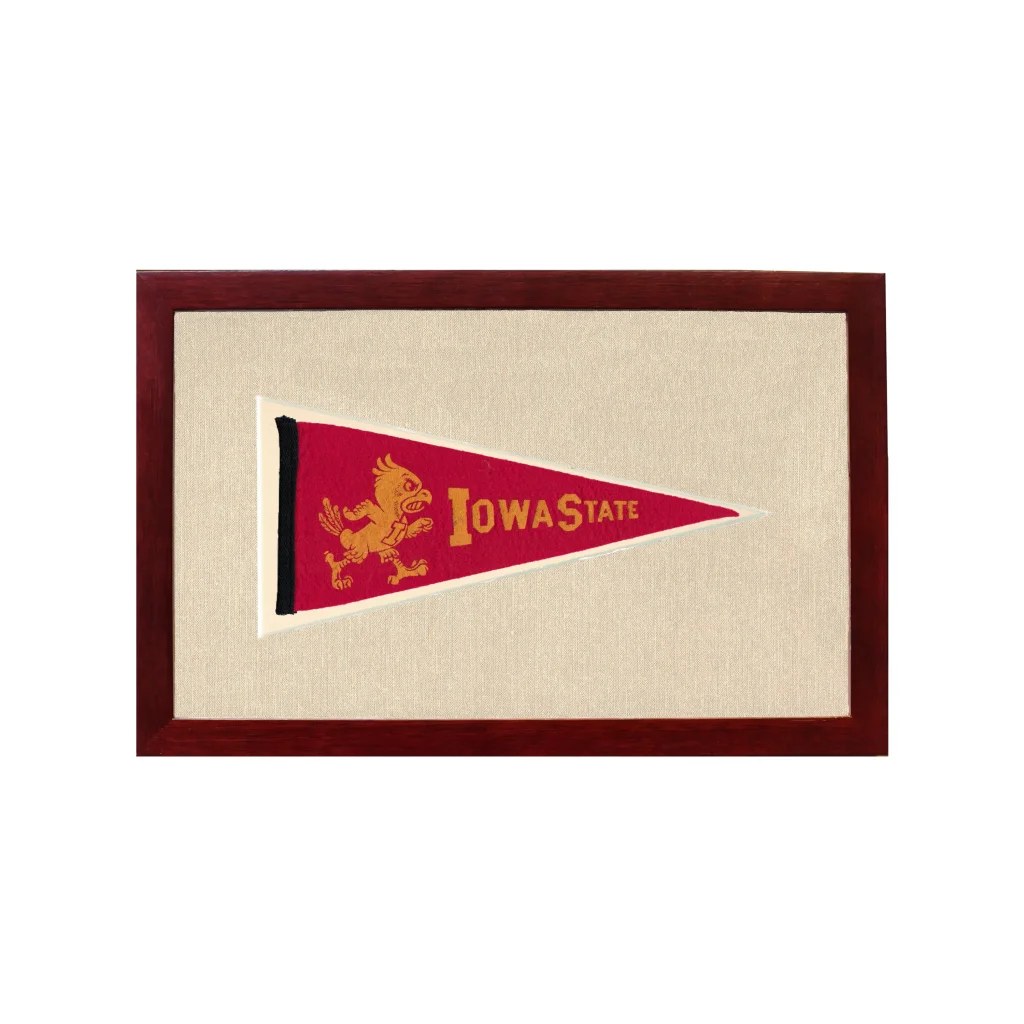 Vintage Iowa State pennant in frame with gold mascot