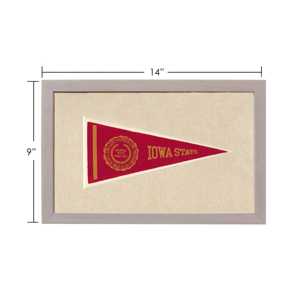 Vintage Iowa State pennant in red with gold lettering and emblem in gray frame