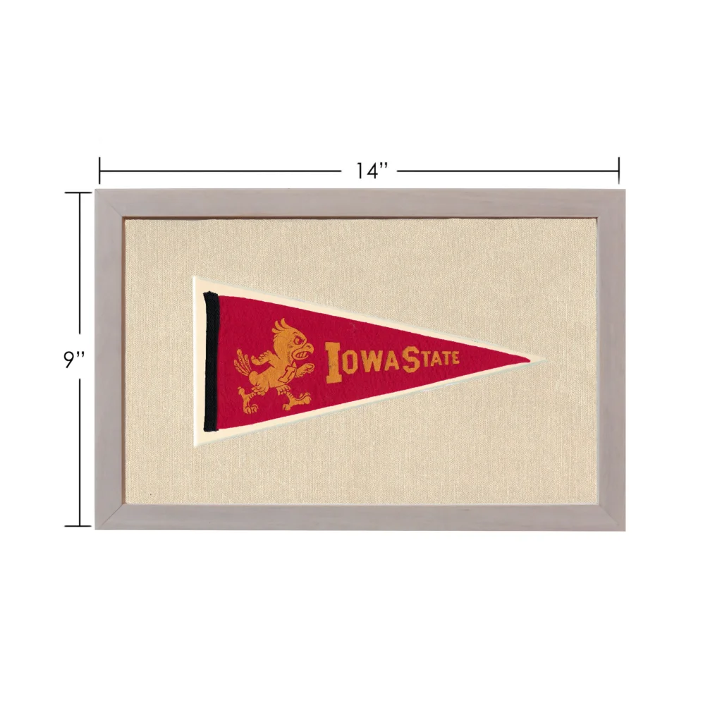 Vintage Iowa State pennant with red base, gold lettering, and golden lion mascot in gray frame