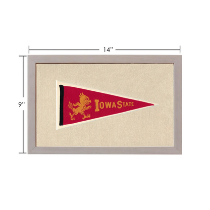Vintage Iowa State pennant with red base, gold lettering, and golden lion mascot in gray frame