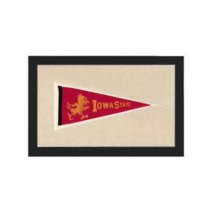Vintage Iowa State pennant with red design, gold mascot, framed in black