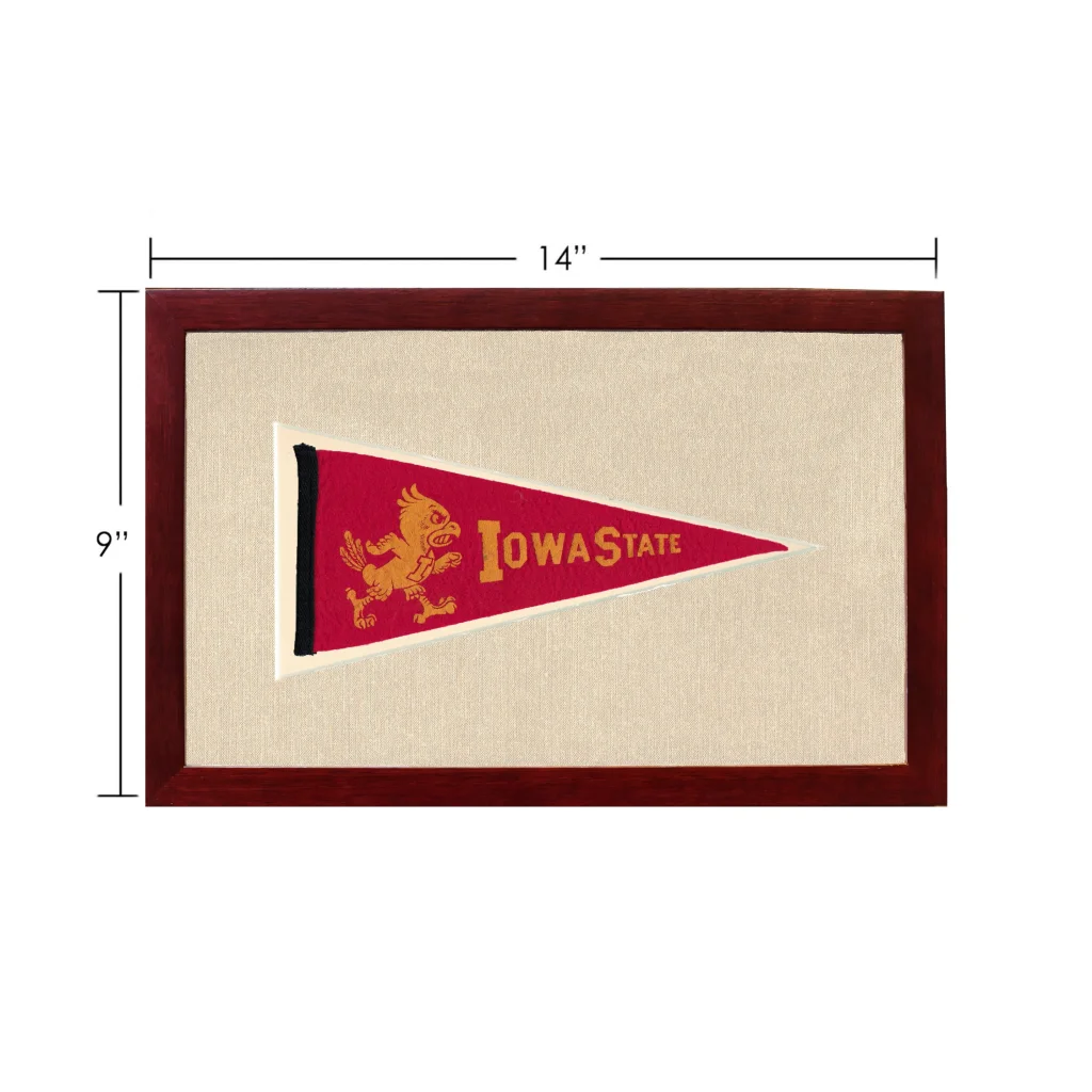 Vintage Iowa State pennant with red design, gold mascot, framed in dark wood