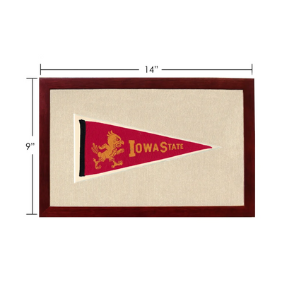 Vintage Iowa State pennant with red design, gold mascot, framed in dark wood