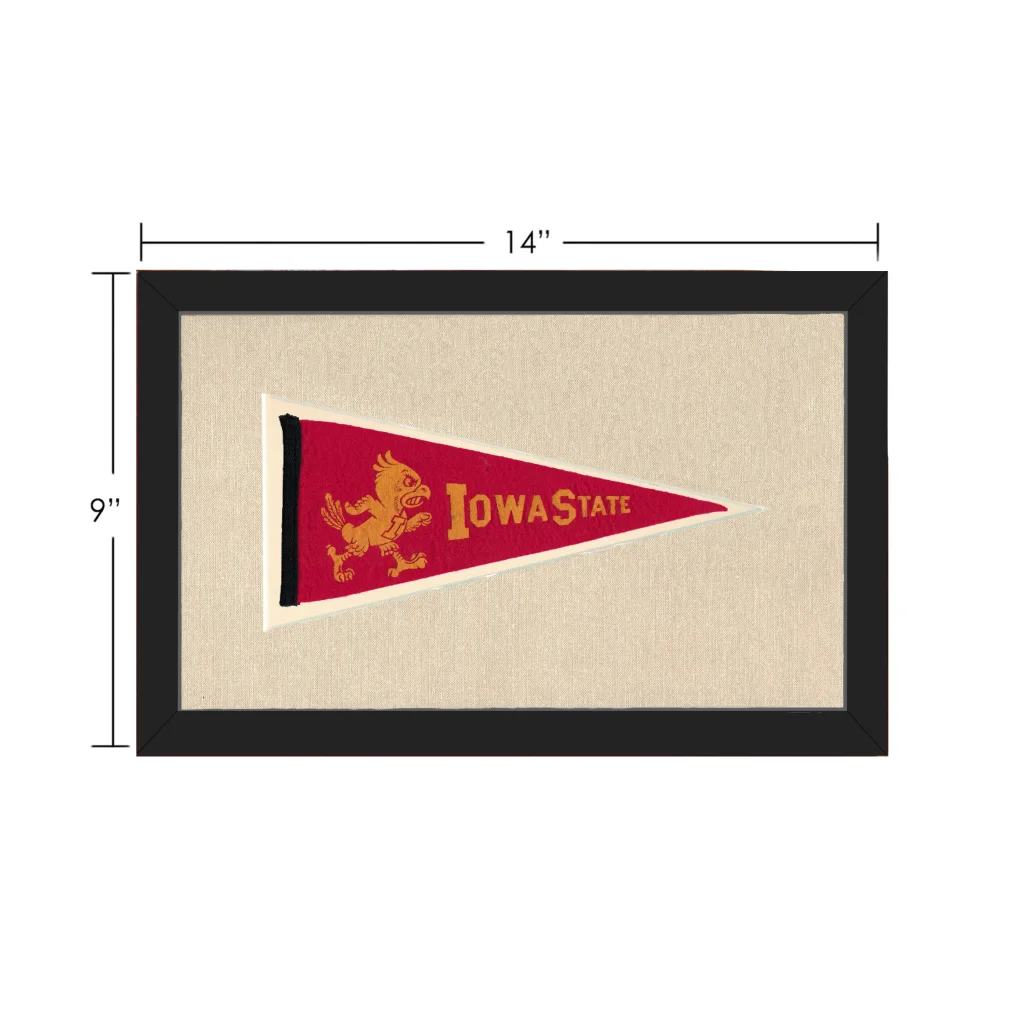Vintage Iowa State pennant in red and gold with embroidered mascot, black frame