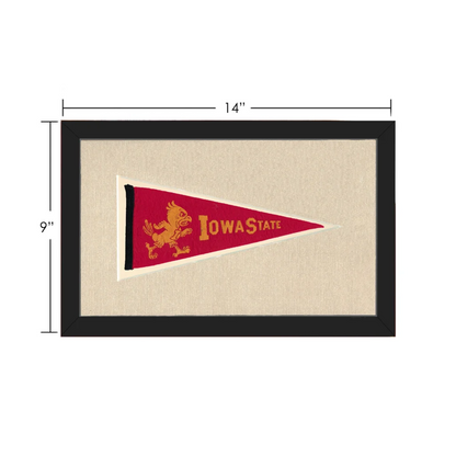 Vintage Iowa State pennant in red and gold with embroidered mascot, black frame