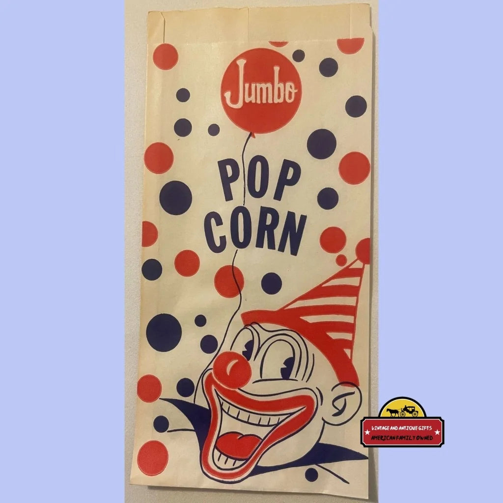 Vintage Jumbo Popcorn Bag Clown Circus Red White And Blue 1950s - Advertisements - Antique Food And Home Misc. Labels.