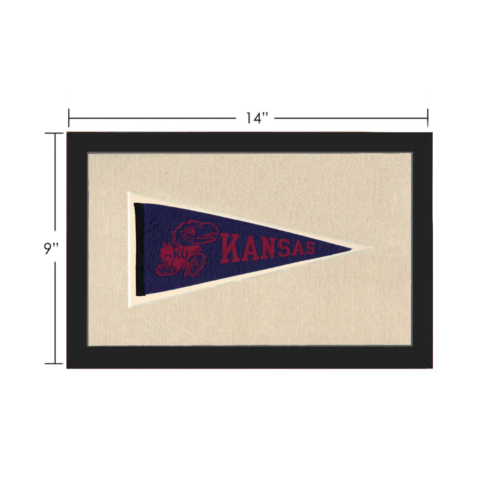 Vintage Kansas pennant in navy blue with red lettering and mascot, black frame