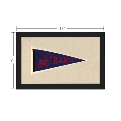 Vintage Kansas pennant in navy blue with red lettering and mascot, black frame