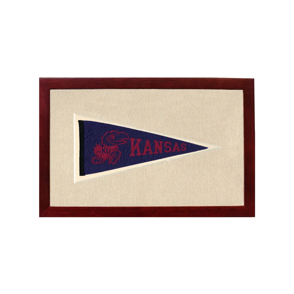 Vintage Kansas pennant in mahogany frame with Jayhawk logo