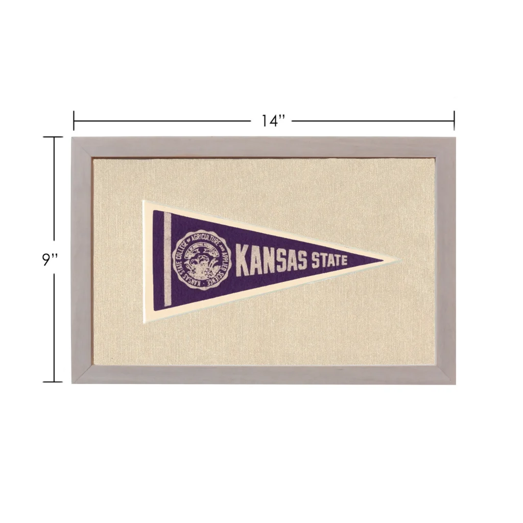 Vintage Kansas State University pennant in purple and cream, framed