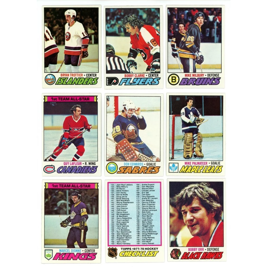 Vintage hockey trading cards box break featuring Ken Dryden, Guy Lafleur, and Marcel Dionne