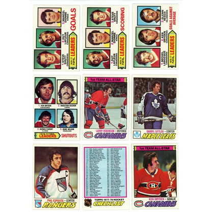 Vintage hockey trading cards box with Ken Dryden, Guy Lafleur, and Marcel Dionne cards