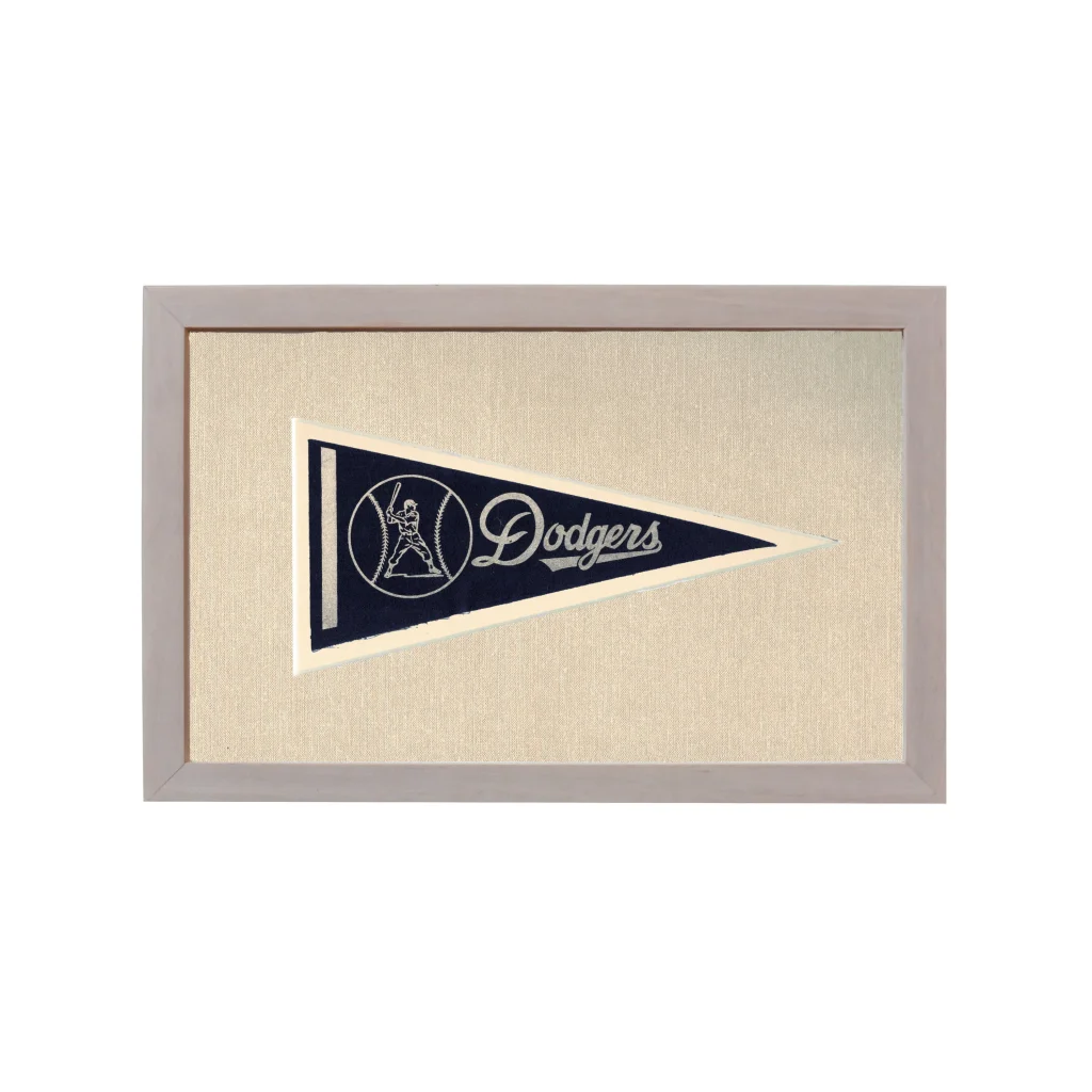 Vintage LA Dodgers pennant in navy blue and cream embroidery, gray frame