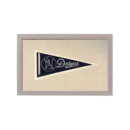 Vintage LA Dodgers pennant in navy blue and cream embroidery, gray frame