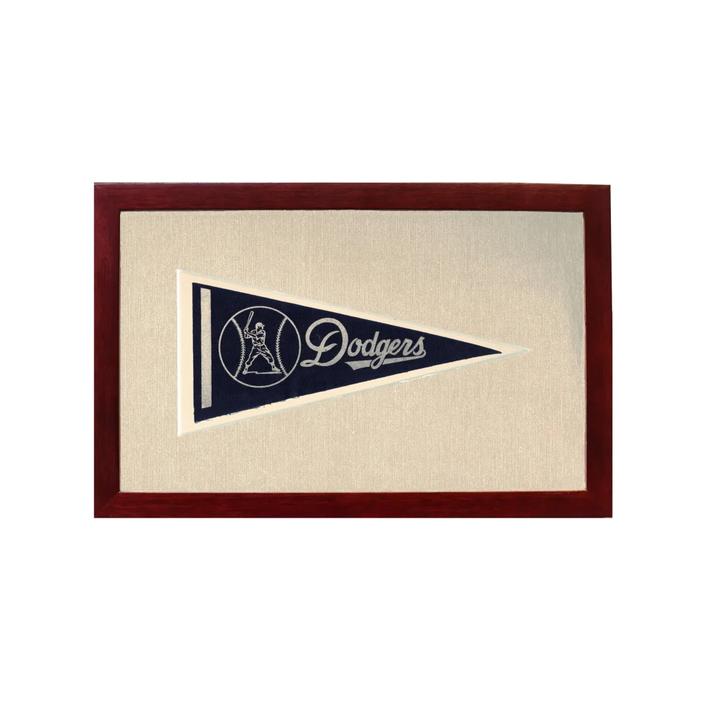Vintage LA Dodgers pennant in navy blue embroidery, framed