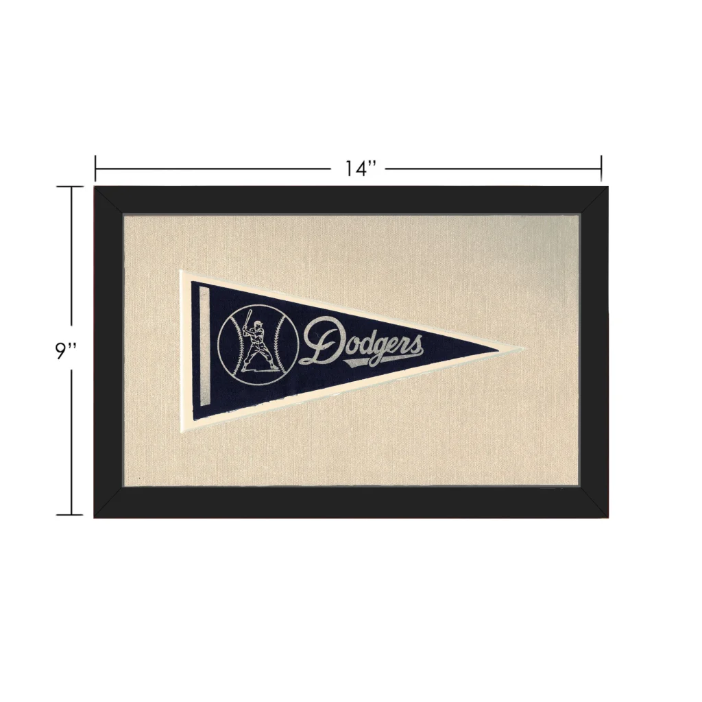 Vintage LA Dodgers pennant in navy blue frame with white embroidered logo