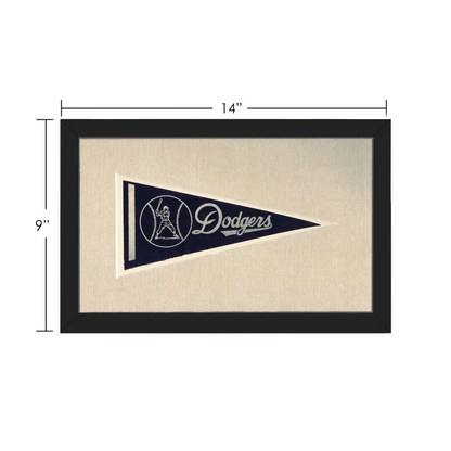 Vintage LA Dodgers pennant in navy blue frame with white embroidered logo