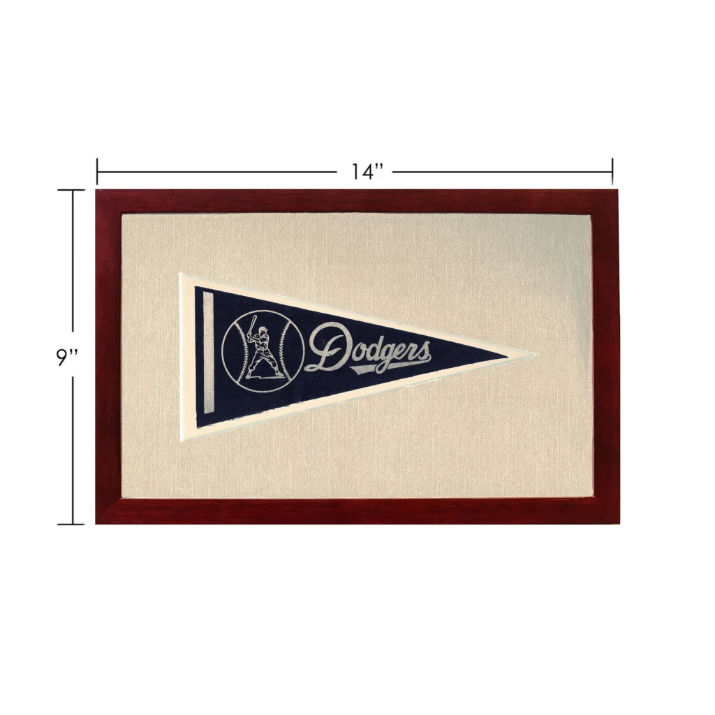Vintage LA Dodgers pennant in wooden frame with navy blue design