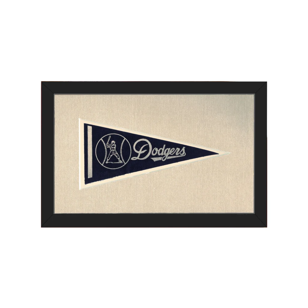 Vintage LA Dodgers pennant in navy blue with white embroidered logo, framed