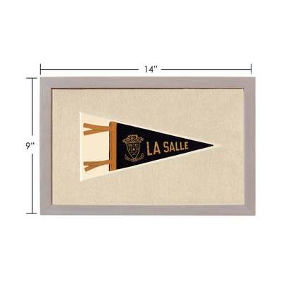 Vintage La Salle pennant in black and gold, framed in gray
