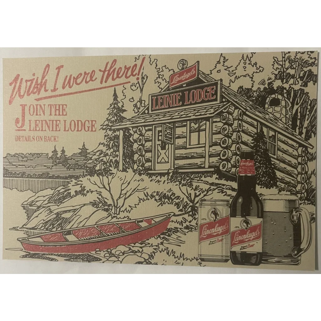 Vintage Leinenkugel’s Beer poster from Chippewa Falls with log cabin and canoe