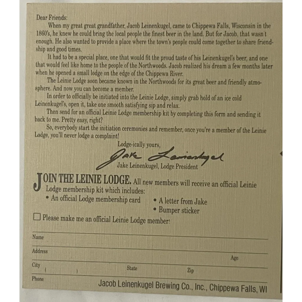 Antique gift featuring a Membership form for Leinie Lodge from Chippewa Falls