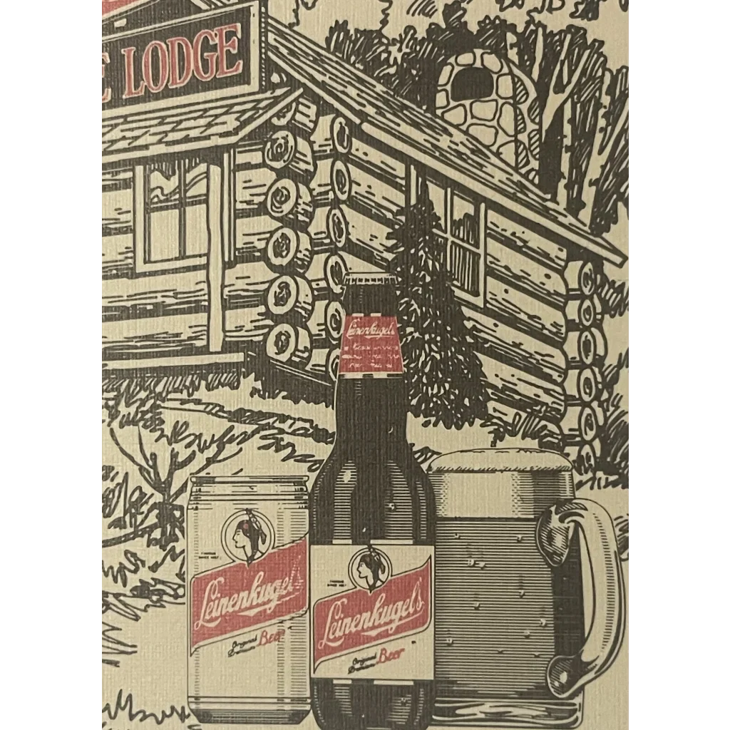 Vintage Leinenkugel’s Beer bottle by a cozy log cabin, perfect Chippewa Falls antique gift