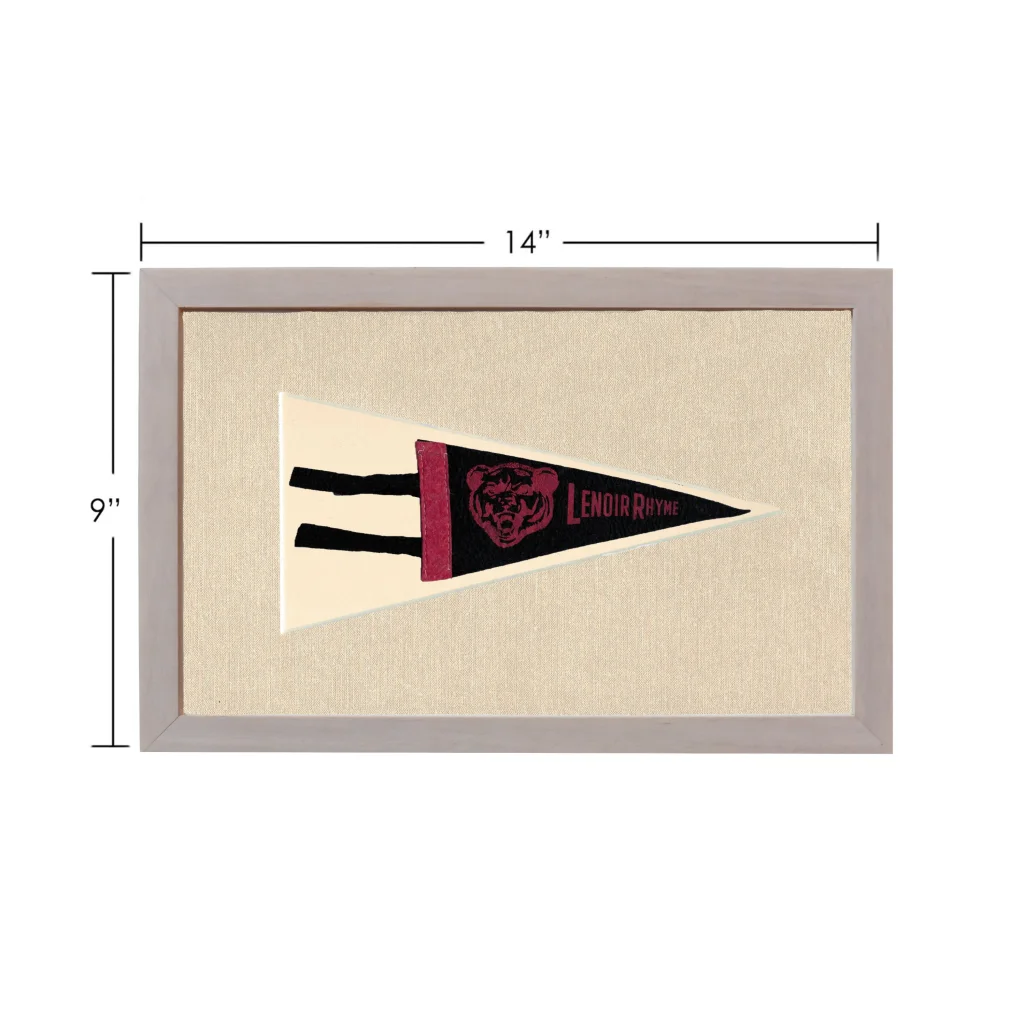 Vintage Lenoir Rhyme pennant with black and maroon bear logo in gray frame
