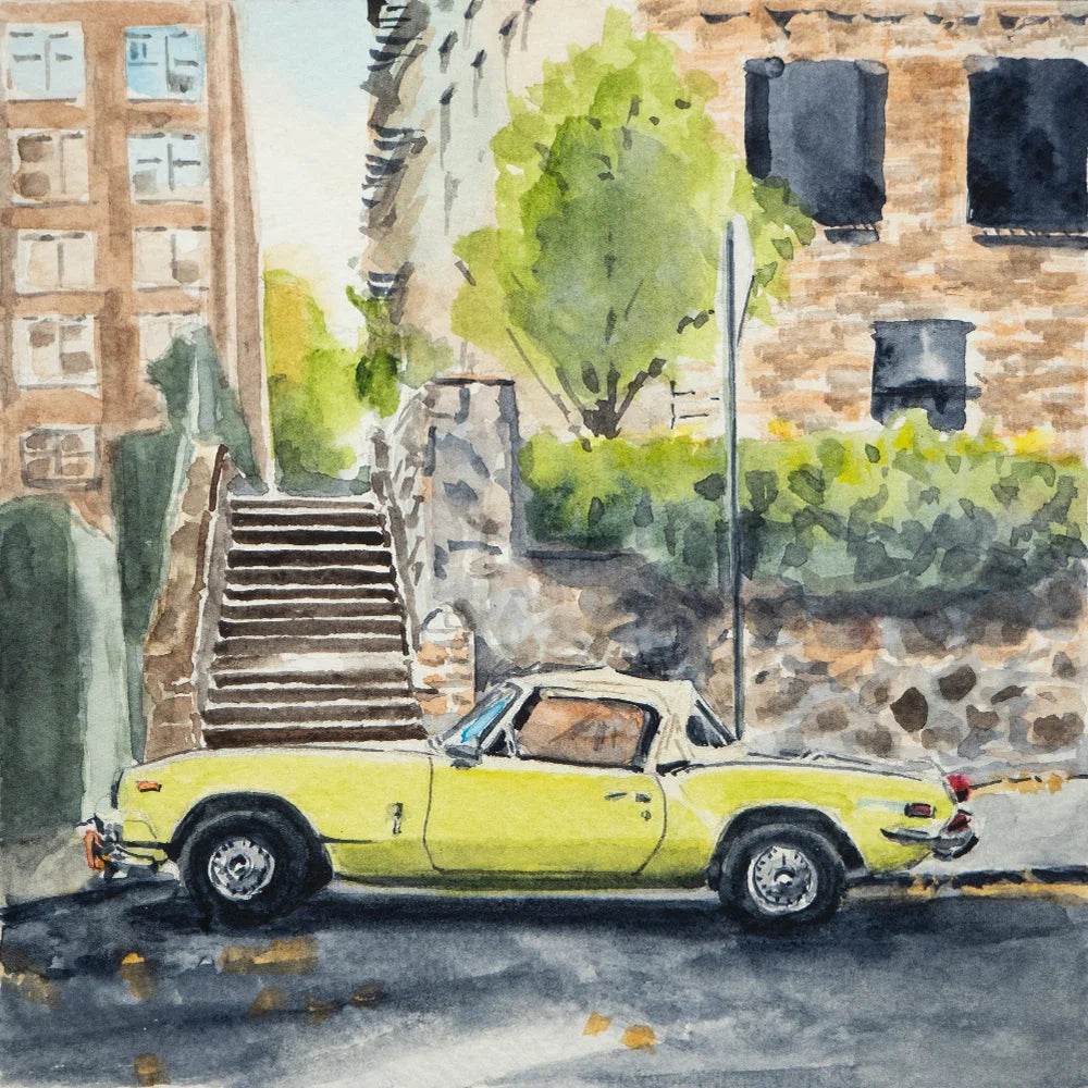 Vintage lime green Triumph Spitfire watercolor art print