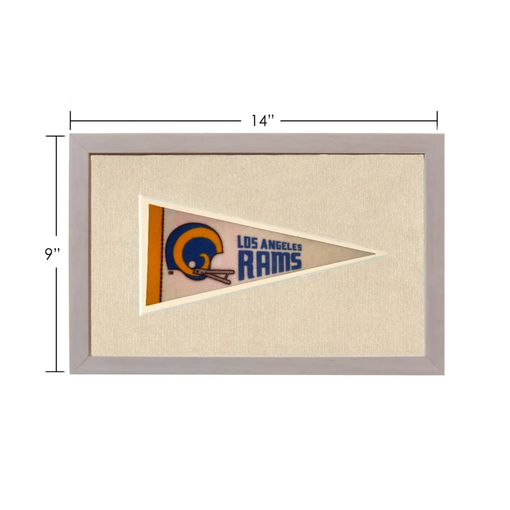 Vintage Los Angeles Rams pennant in gray frame with blue gold helmet