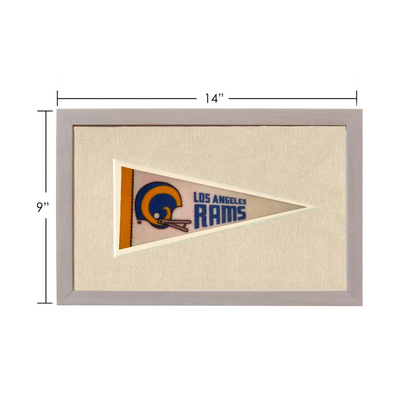 Vintage Los Angeles Rams pennant in gray frame with blue gold helmet