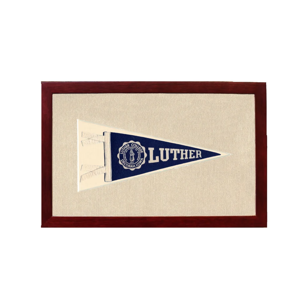 Vintage Luther College pennant in navy blue and white, mahogany framed