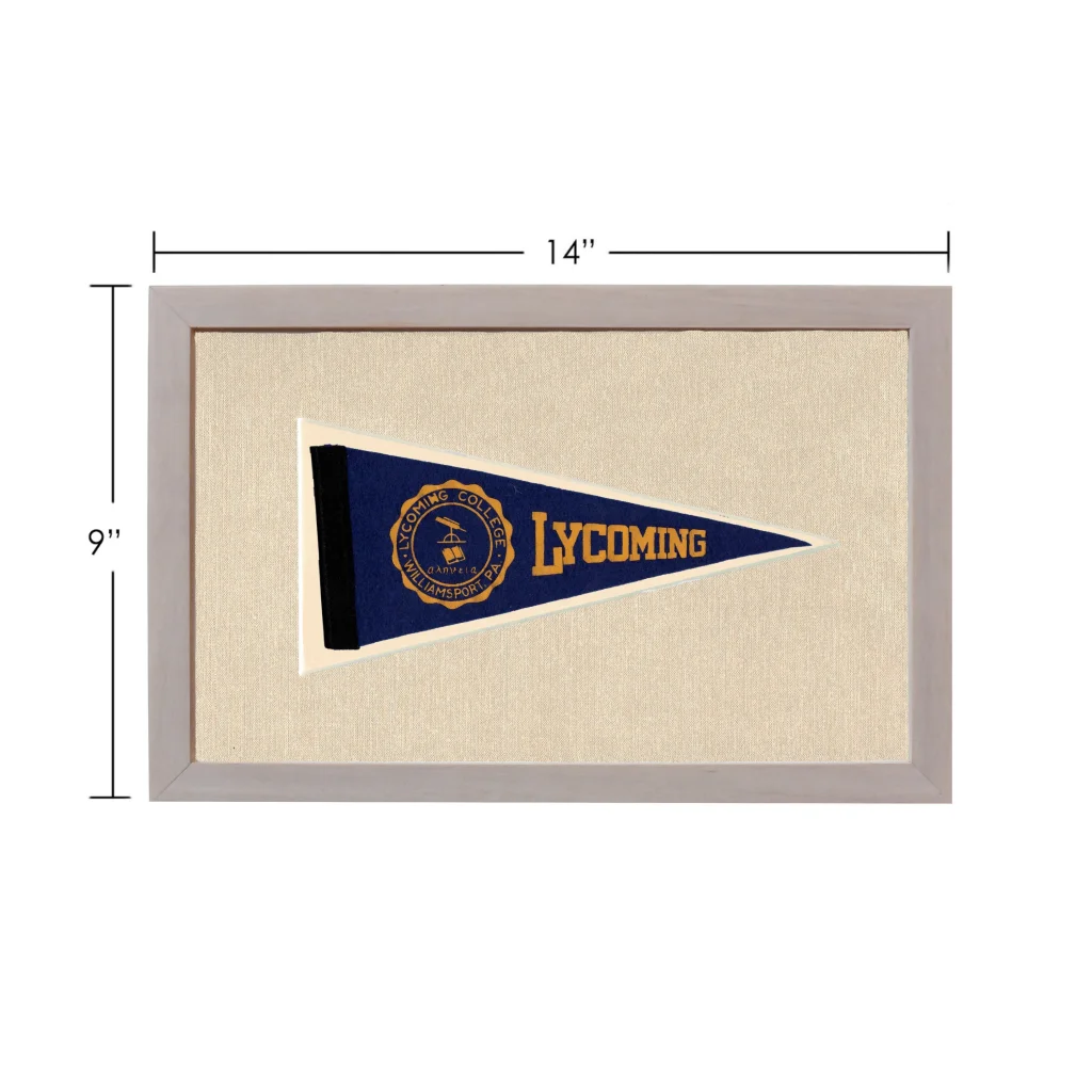 Vintage Lycoming College pennant: navy blue triangle with gold emblem