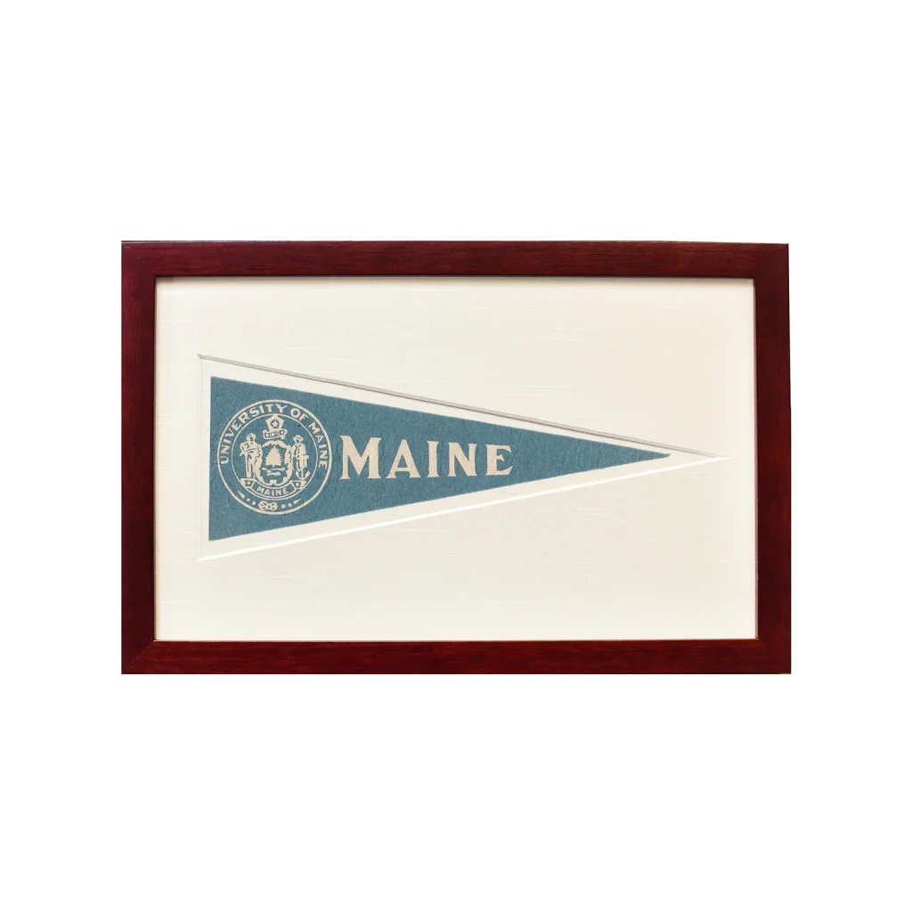 Vintage Maine University 1950s pennant flag in blue white wooden frame