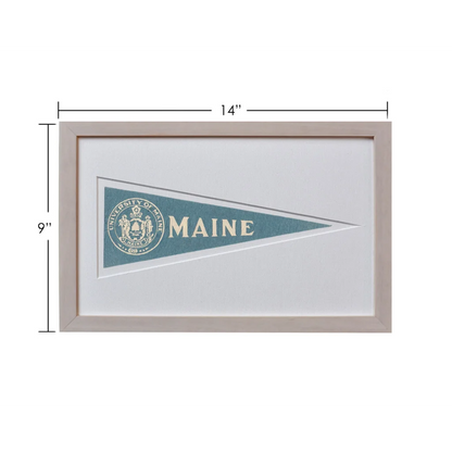 Vintage Maine University 1950s pennant flag framed with gold border
