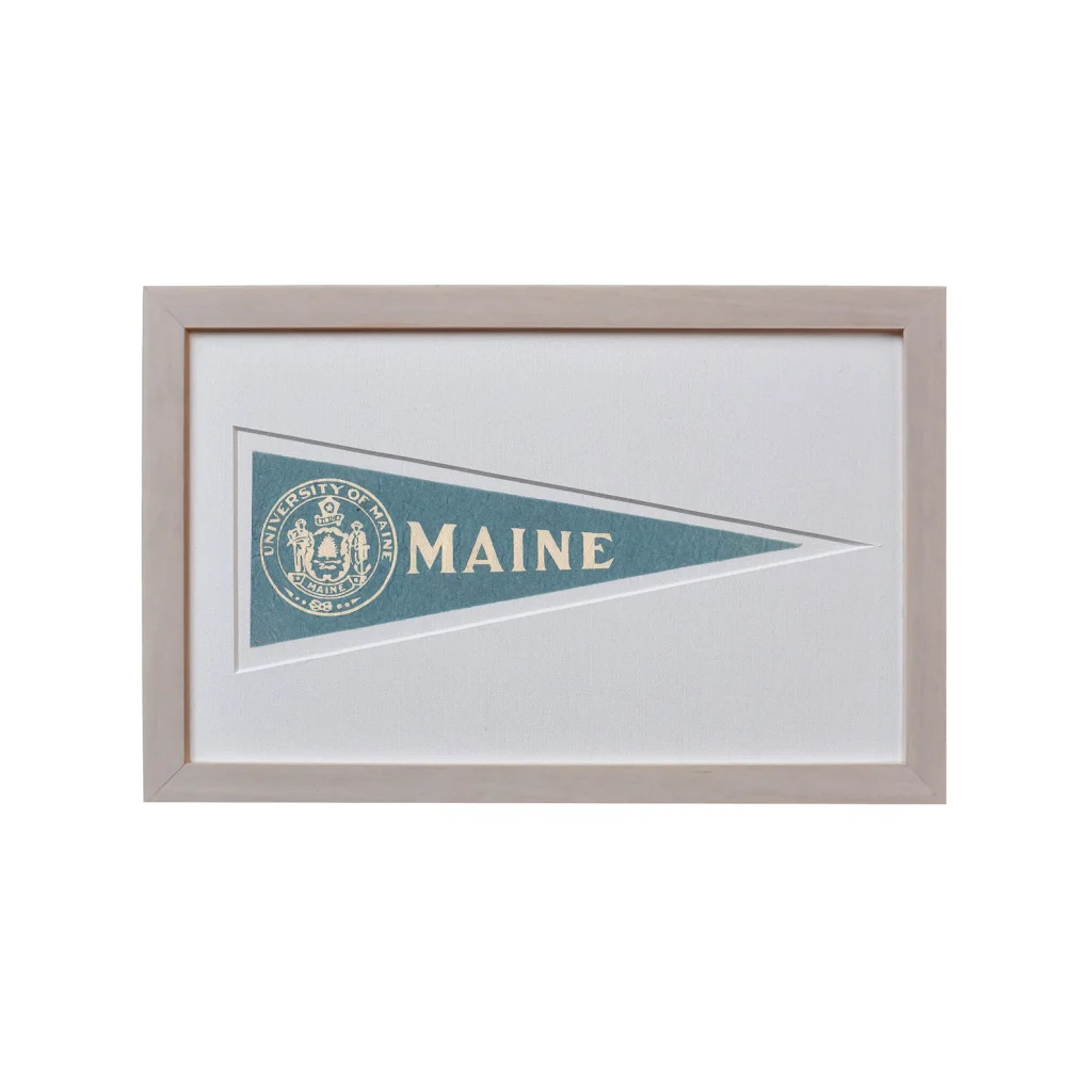 Vintage Maine University 1950s pennant flag in silver frame