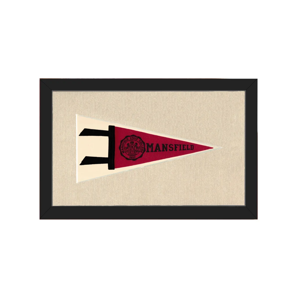 Vintage Mansfield State College pennant in red and cream frame