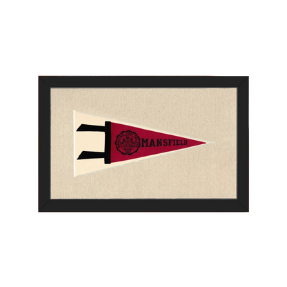 Vintage Mansfield State College pennant in red and cream frame