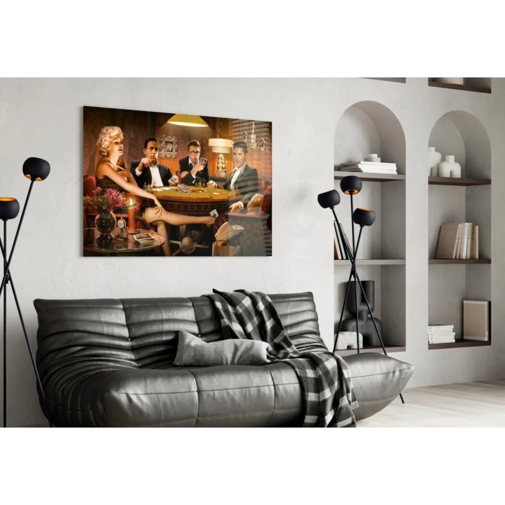 Vintage Marilyn Monroe casino poker wall art with black leather couch