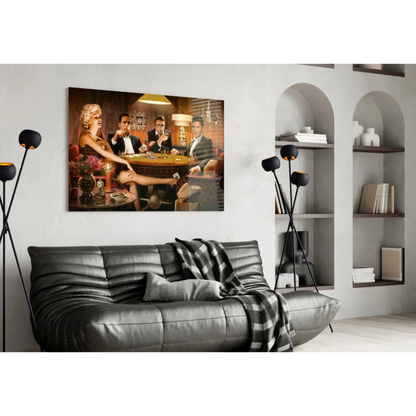 Vintage Marilyn Monroe casino poker wall art with black leather couch