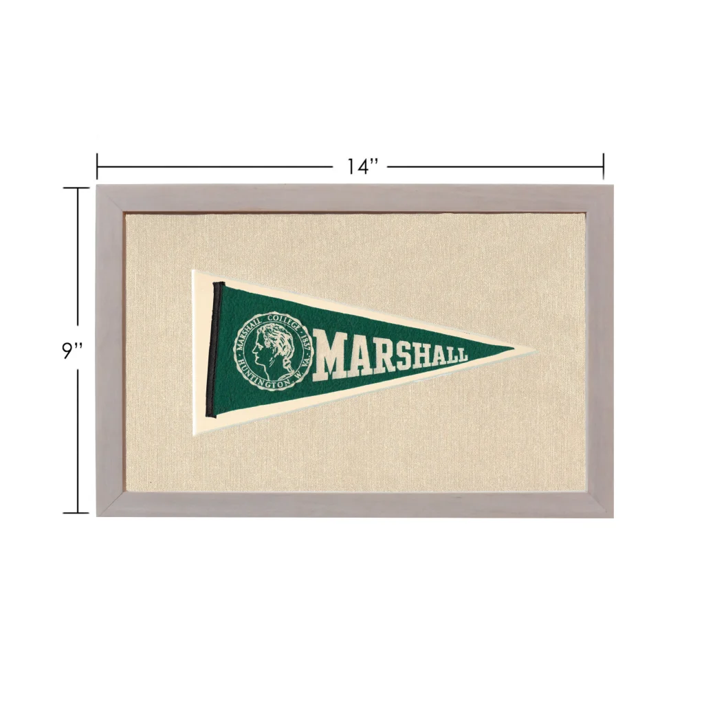 Vintage Marshall College pennant framed in green and white