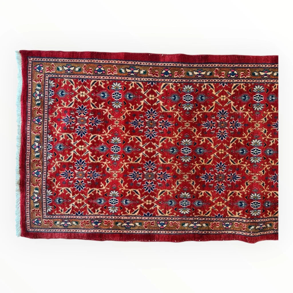 Vintage Mashhad rich red Persian runner rug with intricate floral patterns