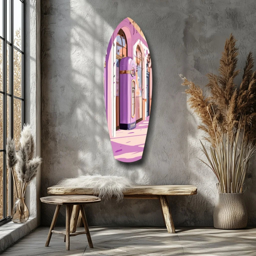 Vibrant purple pink oval tempered glass art of retro arcade jukebox scene